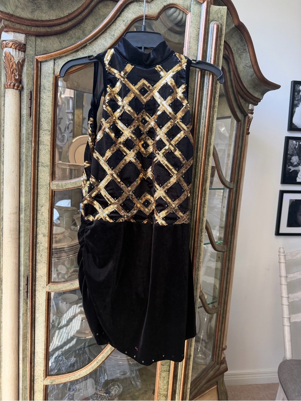 Black Velvet Costume with Gold Sequin Lattice